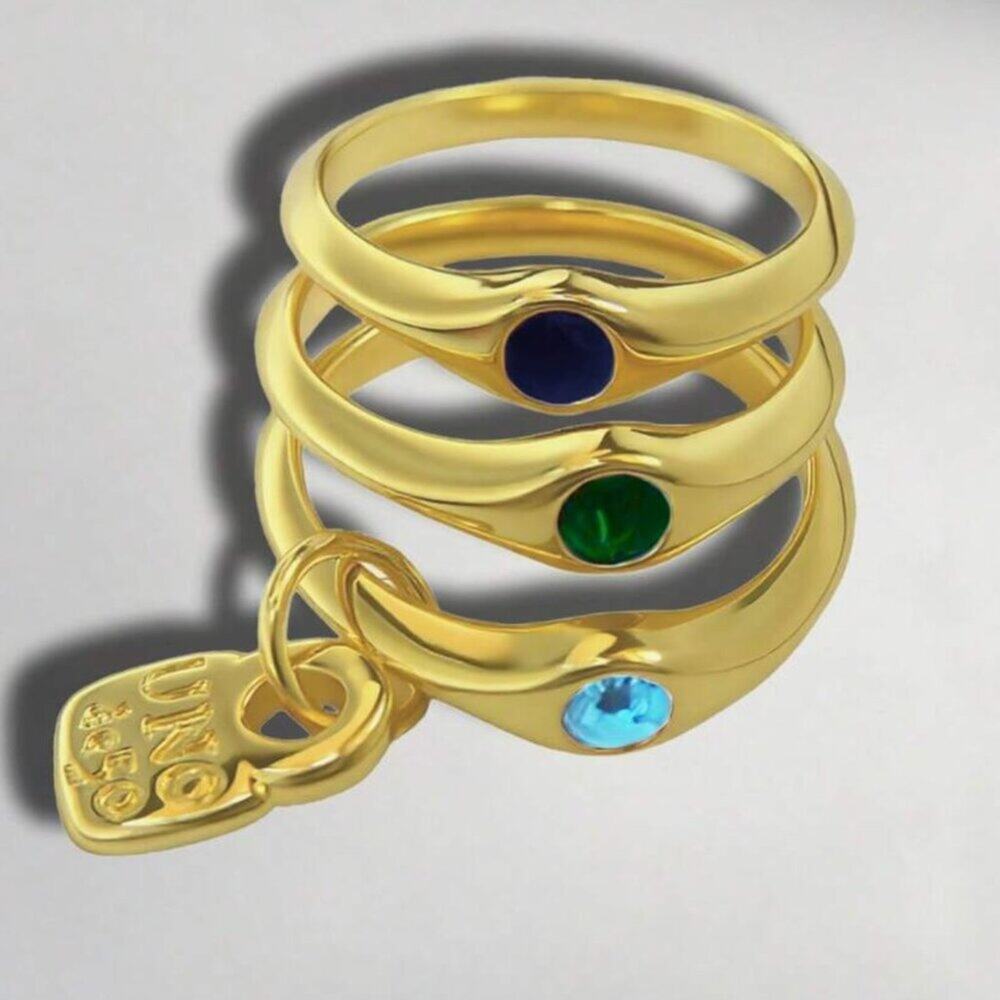 Uno de 50 Gold Triple Band Ring Colorful Stone Stack Charm Size 8 - Picture 2 of 3